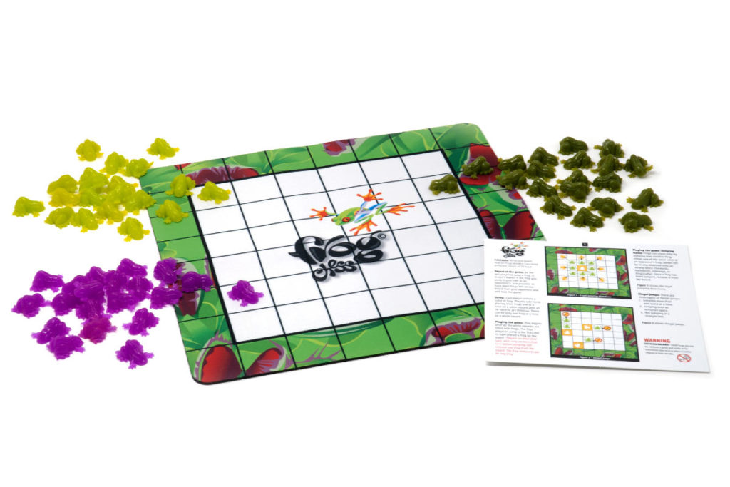 Frog Chess comes with frog pieces for 2 and 3 player games, a game mat, and instructions.